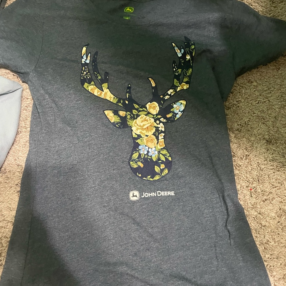 John Deere Charcoal Tee with Floral Deer Graphic